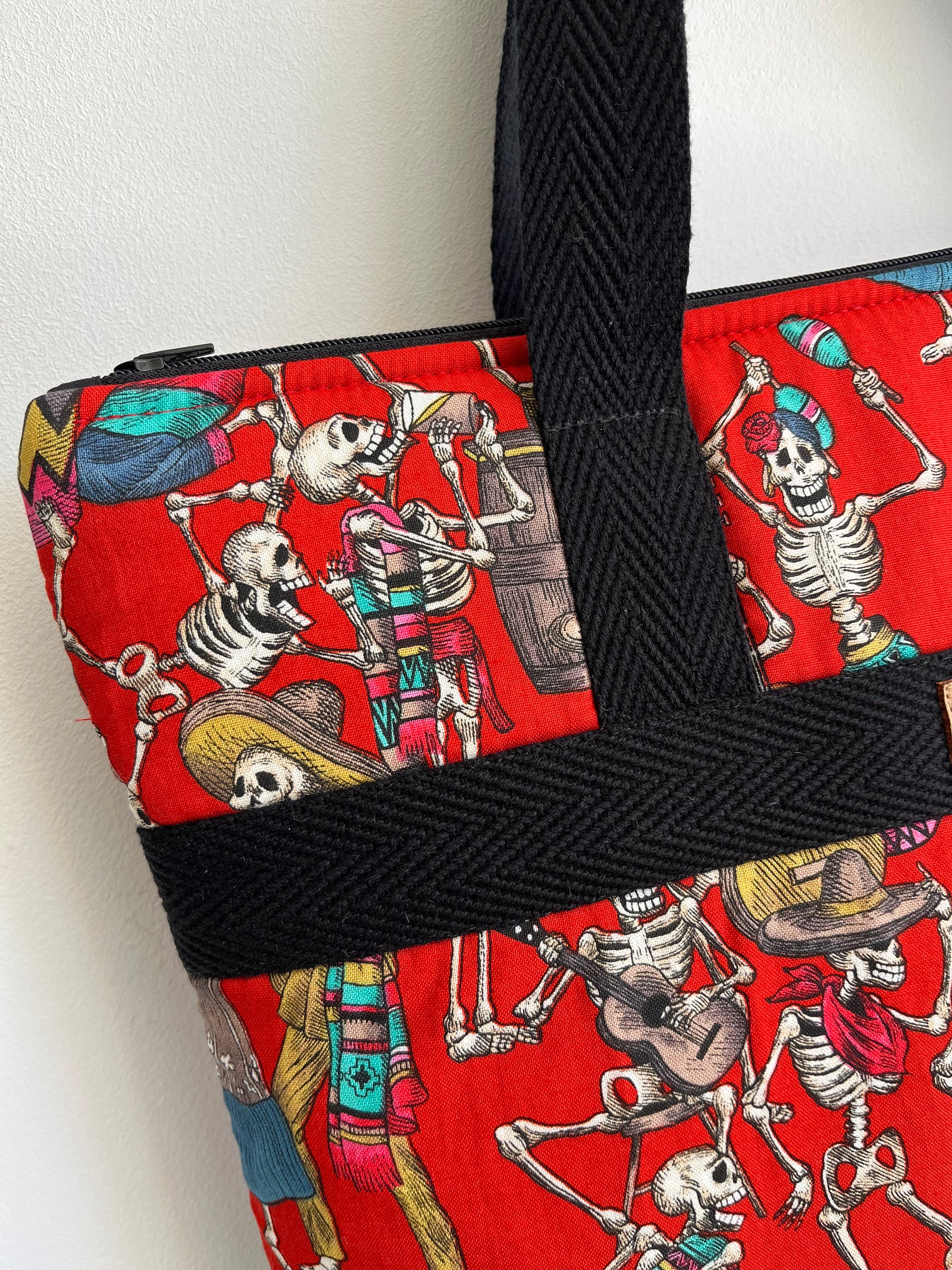 Detalle esquina del bolso donde se ve la cremallera y las asas mas de cerca.